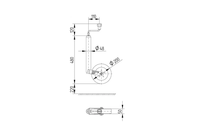 Опорно колело със скоба KNOTT TK48+LB48 150кг 48мм 480-700мм